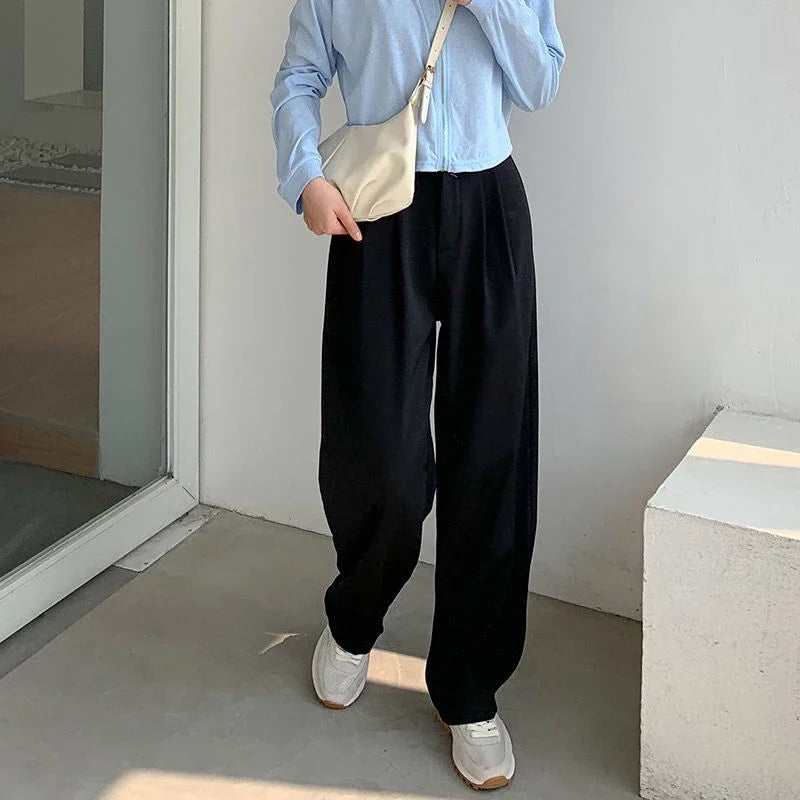 High Waist Women Suit Pants Fall Straight Office Ladies Korean Fashion Trousers Casual Button Loose Female Black Pants New 2024